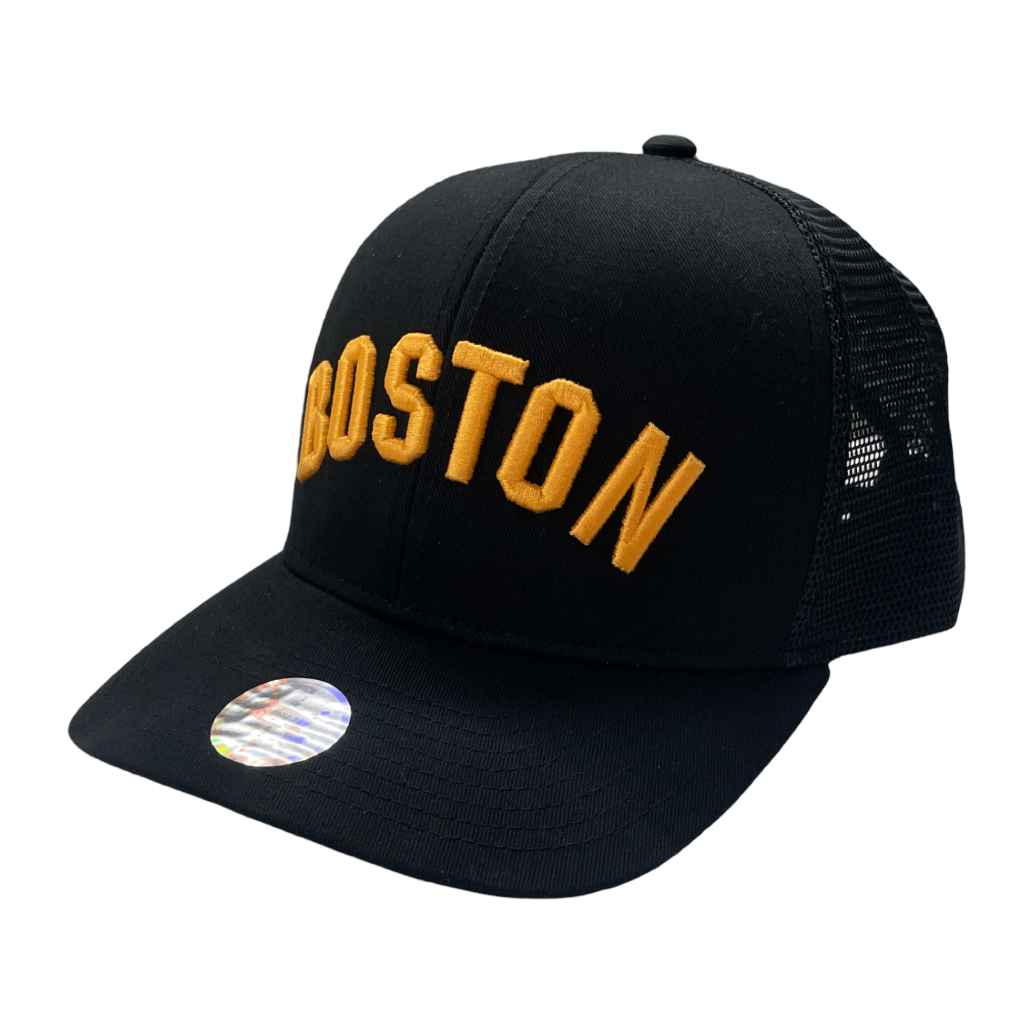 Boston Embroidered Mesh Snapback Trucker Hat, black
