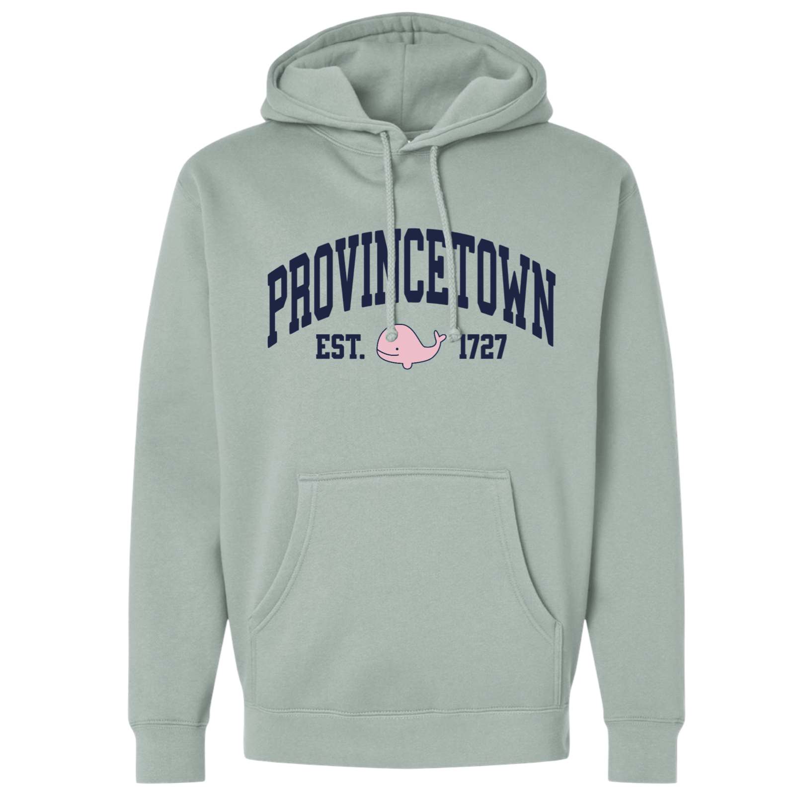 Provincetown Pink Whale Midweight Fleece Hoodie, sage green