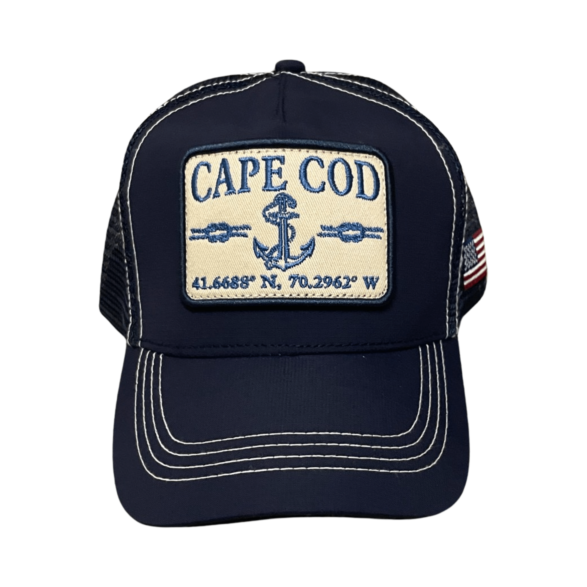 cape cod anchor rope patch snapback hat, front, navy