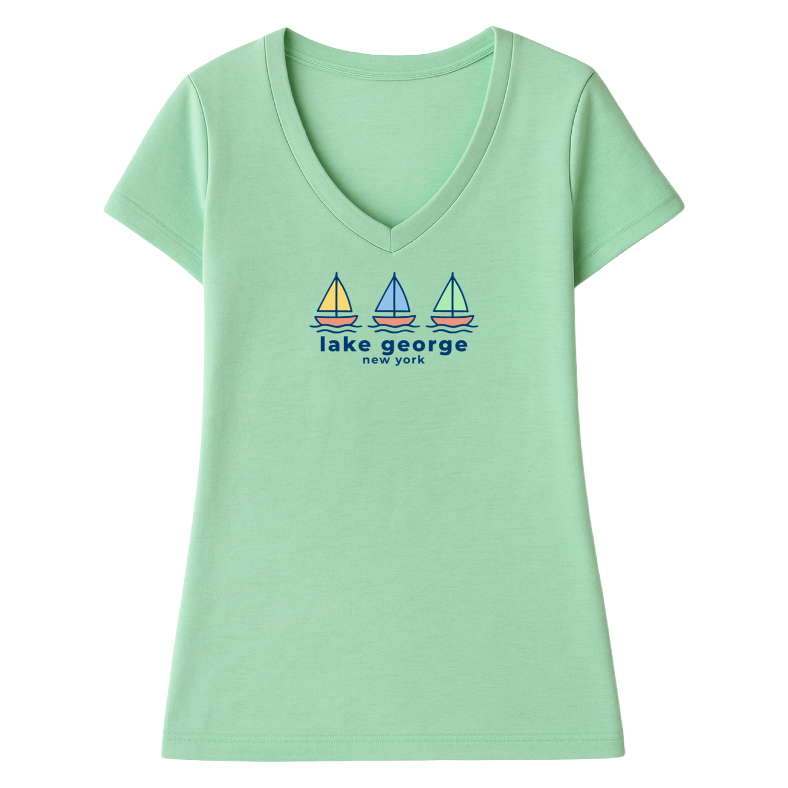 Lake George Summer Sails Ladies V-Neck T-Shirt