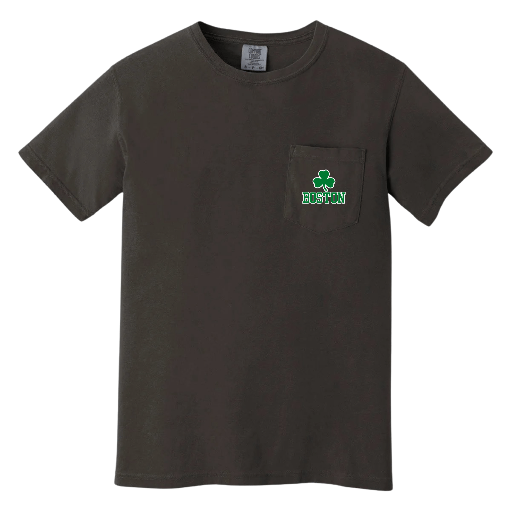 Boston Green shamrock comfort colors pocket tee, pepper