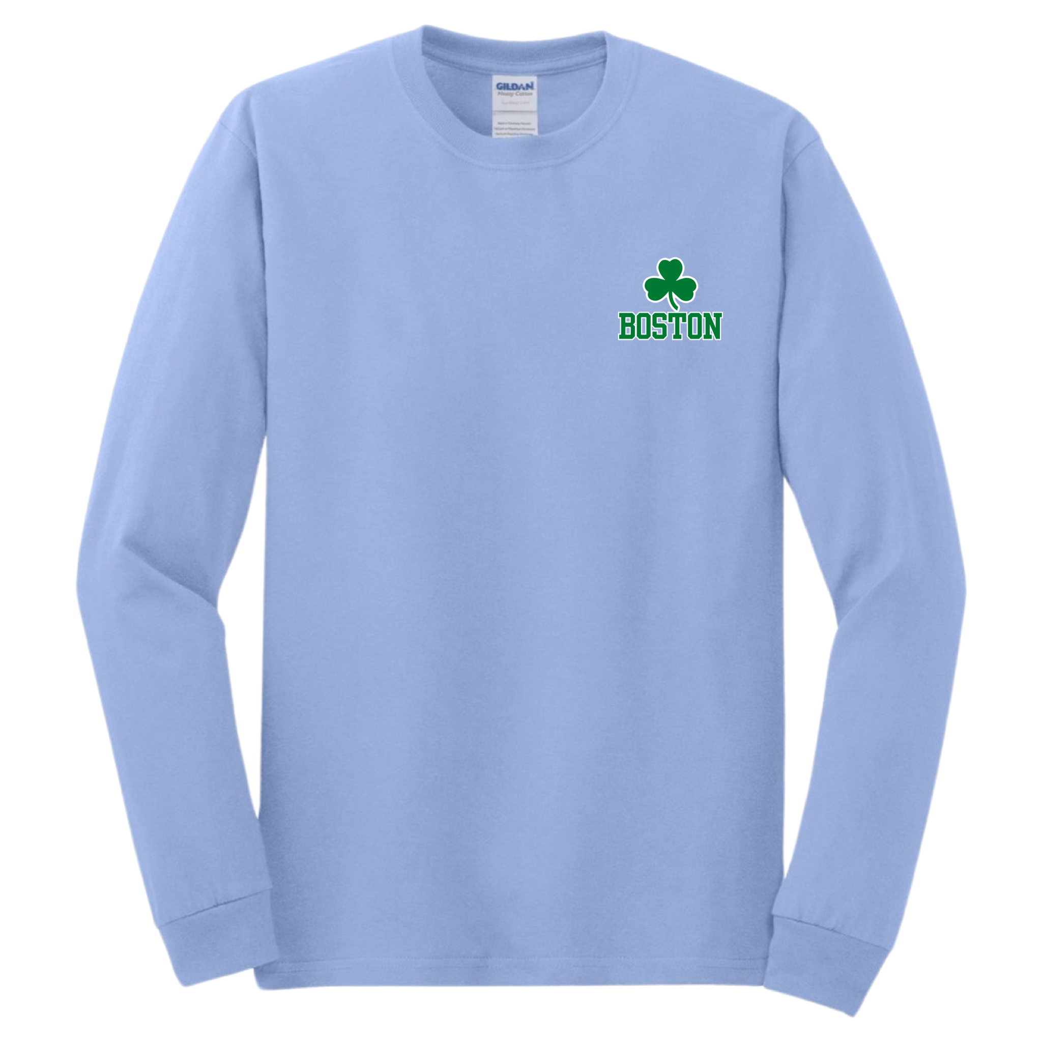 boston green shamrock long sleeve t-shirt, carolina blue