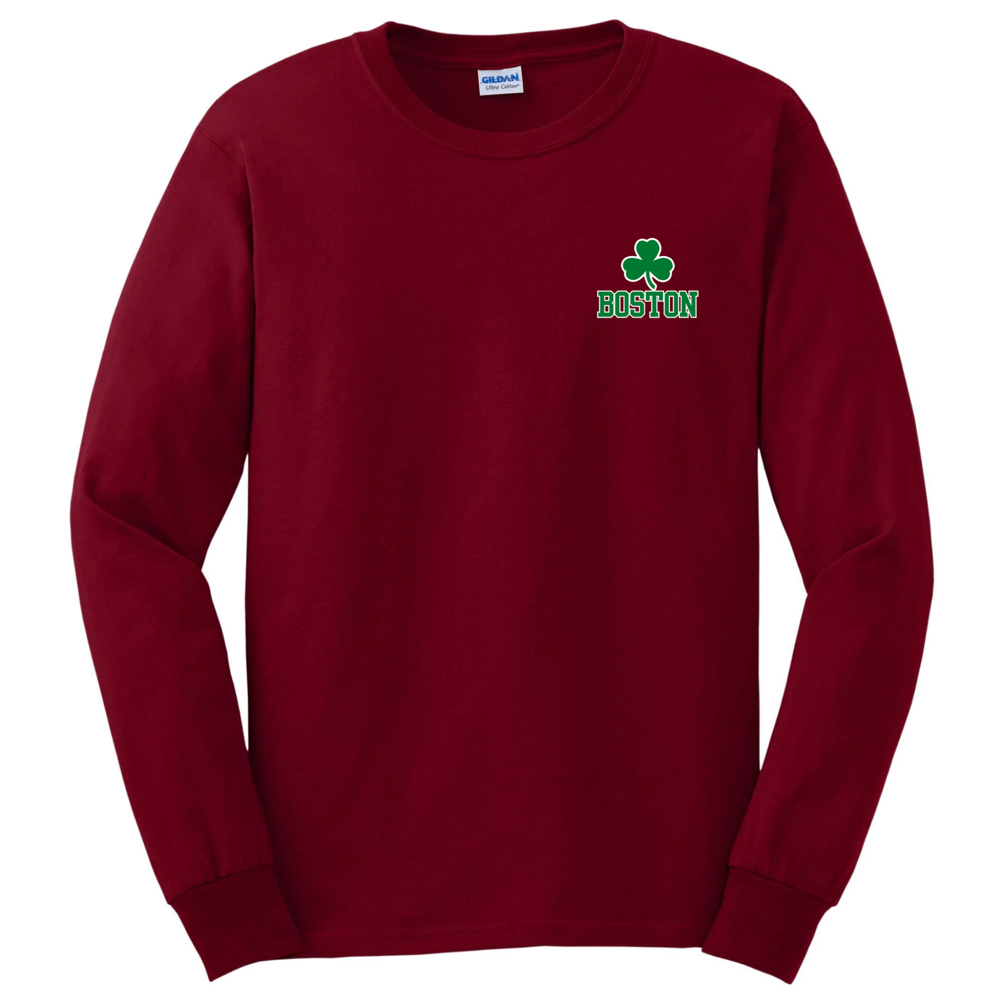 boston green shamrock long sleeve t-shirt, cardinal red