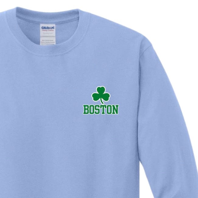 boston green shamrock long sleeve t-shirt, carolina blue