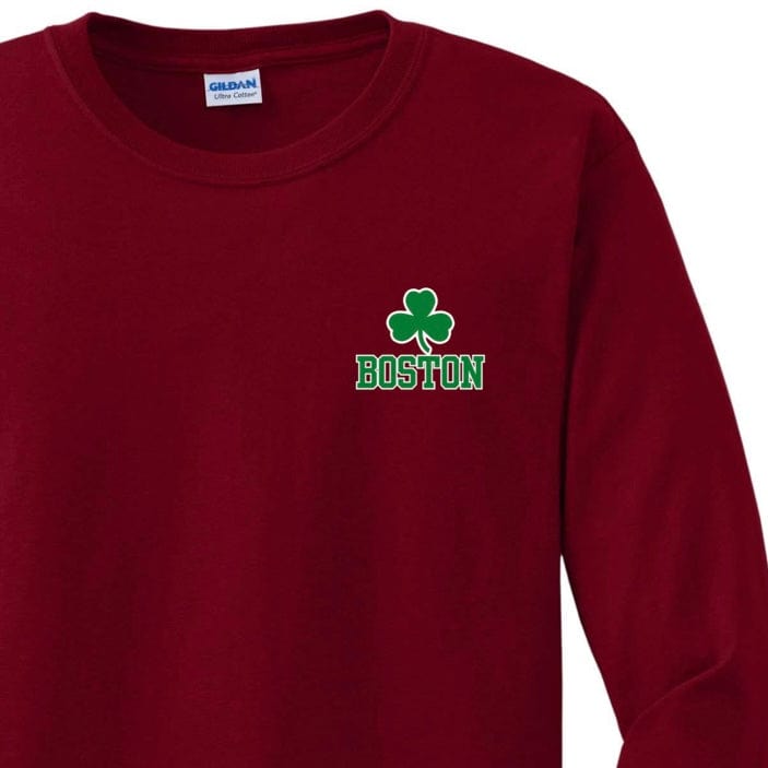 boston green shamrock long sleeve t-shirt, cardinal red