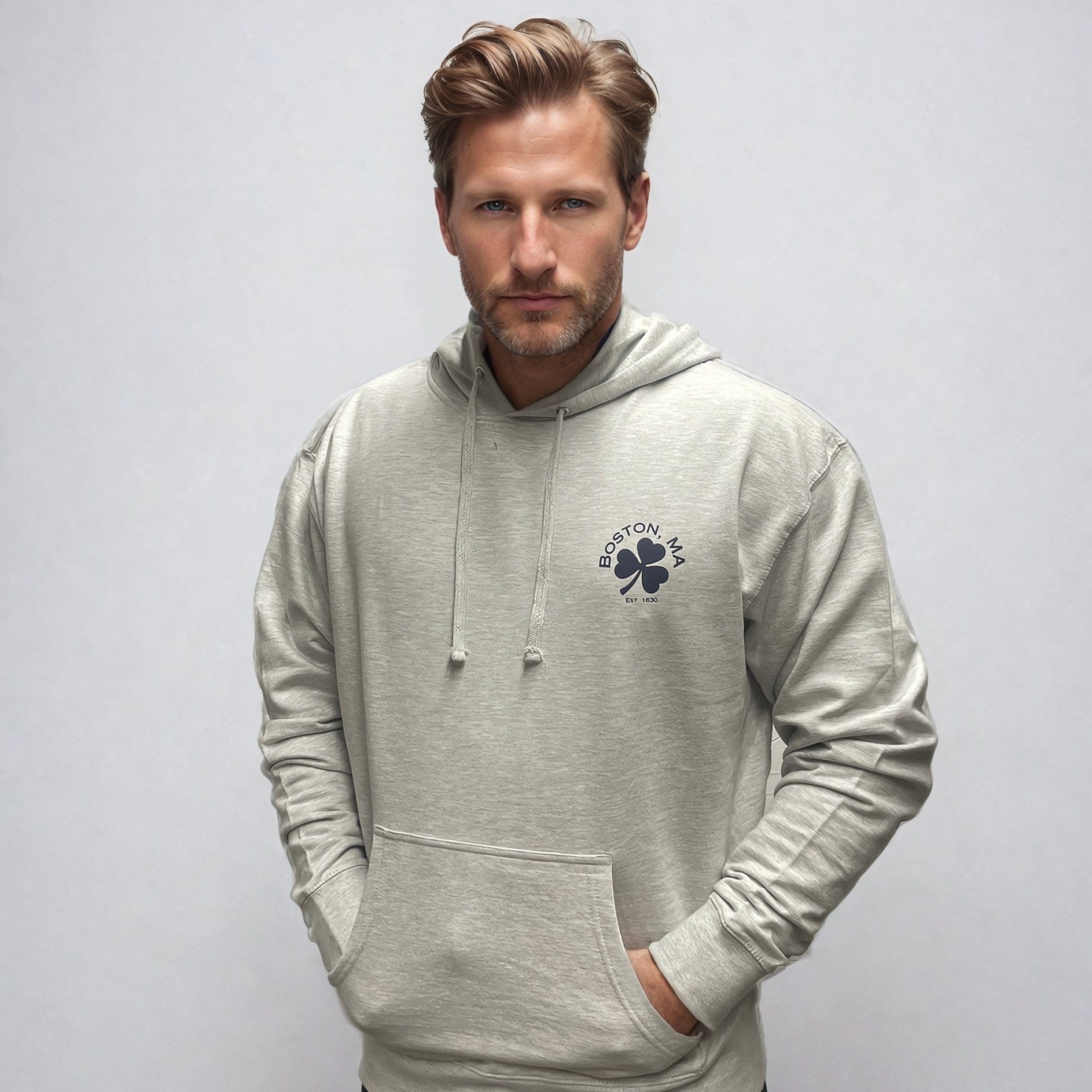 Boston Shamrock Essential Hoodie, heather grey, model photo