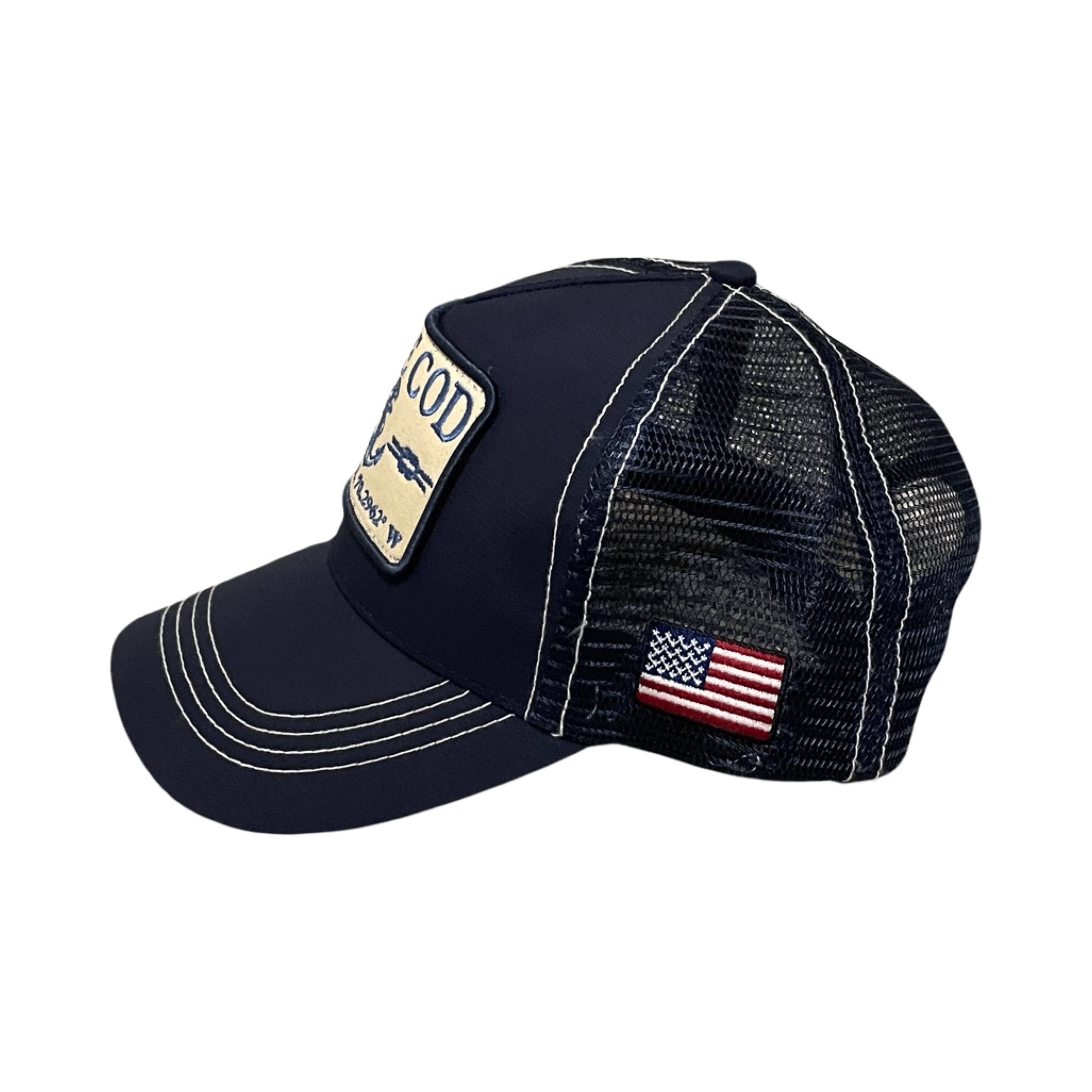 cape cod anchor rope patch snapback hat, side, navy